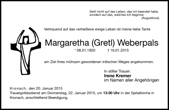 Traueranzeige von Margaretha Weberpals von Neue Presse Coburg