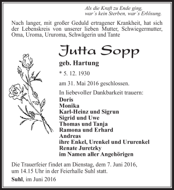 Traueranzeige von Jutta Sopp von Südthüringer Presse
