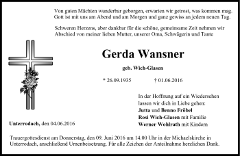 Traueranzeige von Gerda Wansner von Neue Presse Coburg