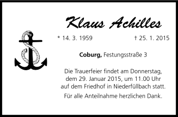 Traueranzeige von Klaus Achilles von Neue Presse Coburg