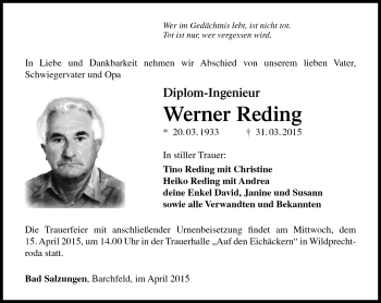 Traueranzeige von Werner Reding von Südthüringer Presse