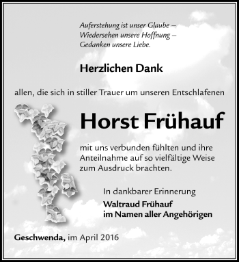 Traueranzeige von Horst Frühauf von Südthüringer Presse