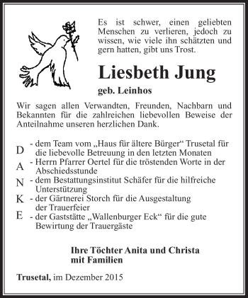 Traueranzeige von Liesbeth Jung von Südthüringer Presse