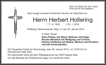Traueranzeige von Herbert Hollering von Frankenpost