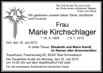Traueranzeige von Marie Kirchschlager von Frankenpost