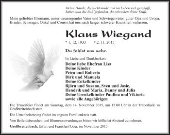 Traueranzeige von Klaus Wiegand von Südthüringer Presse