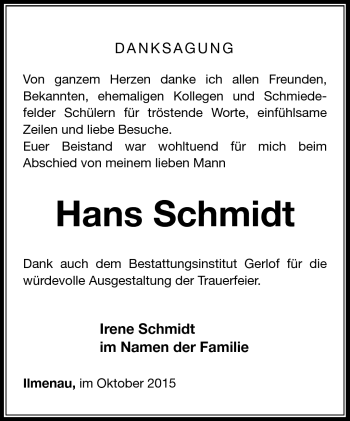 Traueranzeige von Hans Schmidt von Südthüringer Presse
