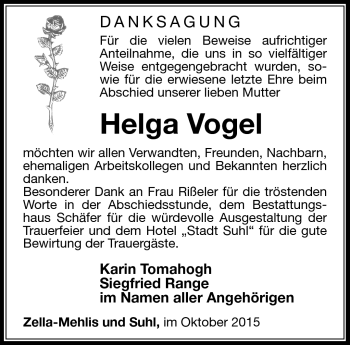 Traueranzeige von Helga Vogel von Südthüringer Presse