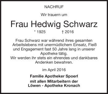 Traueranzeige von Hedwig Schwarz von Neue Presse Coburg