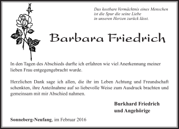 Traueranzeige von Barbara Friedrich von Südthüringer Presse
