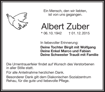 Traueranzeige von Albert Zuber von Frankenpost