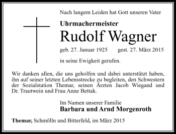 Traueranzeige von Rudolf Wagner von Südthüringer Presse