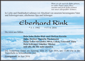 Traueranzeige von Eberhard Rink von Südthüringer Presse