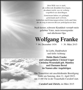 Traueranzeige von Wolfgang Franke von Südthüringer Presse