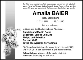 Traueranzeige von Amalia BAIER von Südthüringer Presse