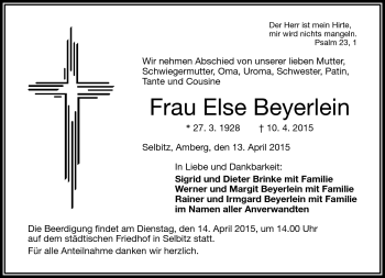 Traueranzeige von Else Beyerlein von Frankenpost
