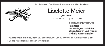 Traueranzeige von Liselotte Meier von Frankenpost