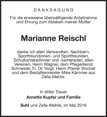 Traueranzeige von Marianne Reischl von Südthüringer Presse