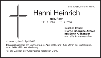 Traueranzeige von Hanni Heinrich von Neue Presse Coburg