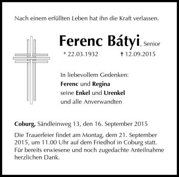 Traueranzeige von Ference Bátyi, Senior von Neue Presse Coburg