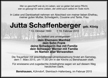 Traueranzeige von Jutta Schaffenberger von Südthüringer Presse