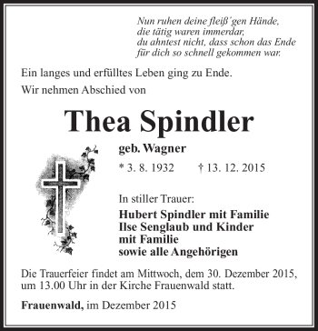 Traueranzeige von Thea Spindler von Südthüringer Presse