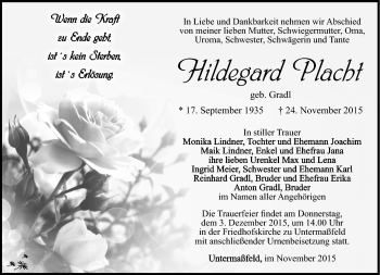 Traueranzeige von Hildegard Placht von Südthüringer Presse