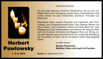 Traueranzeige von Herbert Pawlowsky von Südthüringer Presse