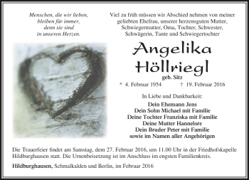 Traueranzeige von Angelika Höllriegl von Südthüringer Presse