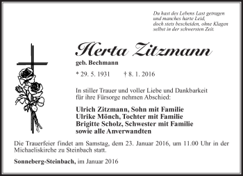 Traueranzeige von Herta Zitzmann von Südthüringer Presse