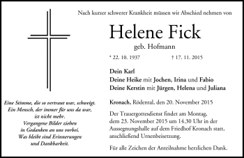 Traueranzeige von Helene Fick von Neue Presse Coburg