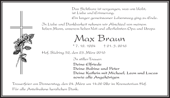 Traueranzeige von Max Braun von Frankenpost
