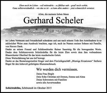 Traueranzeige von Gerhard Scheler von Südthüringer Presse