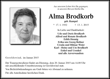 Traueranzeige von Alma Brodkorb von Neue Presse Coburg