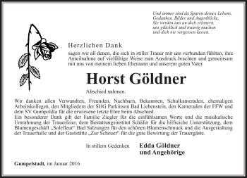 Traueranzeige von Horst Göldner von Südthüringer Presse