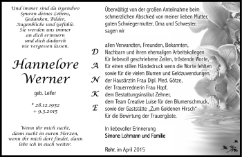 Traueranzeige von Hannelore Werner von Südthüringer Presse