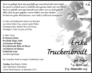 Traueranzeige von Erika Truckenbrodt von Südthüringer Presse