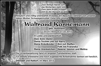 Traueranzeige von Waltraud Kannemann von Südthüringer Presse