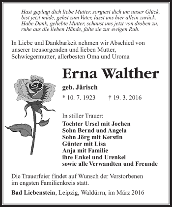 Traueranzeige von Erna Walther von Südthüringer Presse