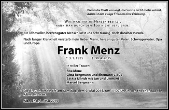 Traueranzeige von Frank Menz von Südthüringer Presse