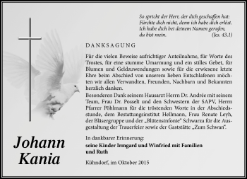 Traueranzeige von Johann Kania von Südthüringer Presse