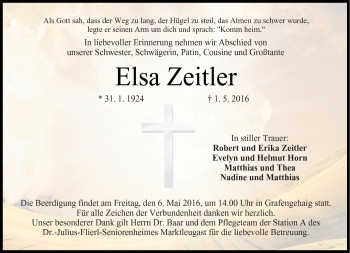 Traueranzeige von Elsa Zeitler von Frankenpost