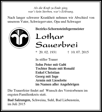 Traueranzeige von Lothar Sauerbrei von Südthüringer Presse