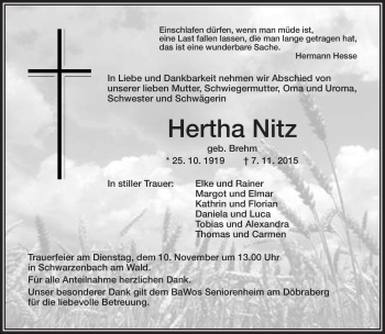 Traueranzeige von Hertha Nitz von Frankenpost