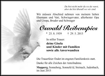 Traueranzeige von Oswald Reibenspies von Südthüringer Presse
