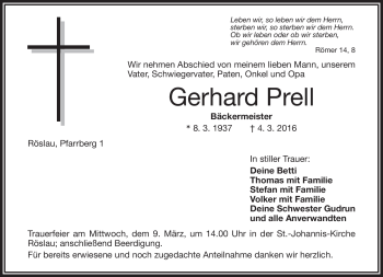Traueranzeige von Gerhard Prell von Frankenpost