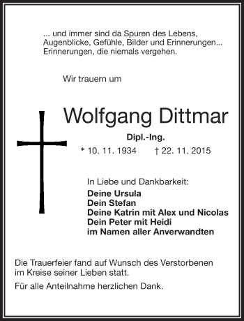 Traueranzeige von Wolfgang Dittmar von Frankenpost