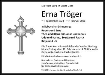 Traueranzeige von Erna Tröger von Frankenpost