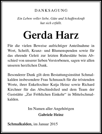 Traueranzeige von Gerda Harz von Südthüringer Presse
