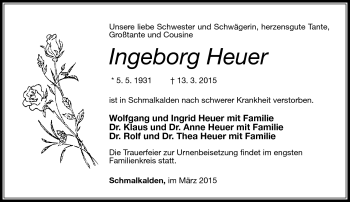 Traueranzeige von Ingeborg Heuer von Südthüringer Presse